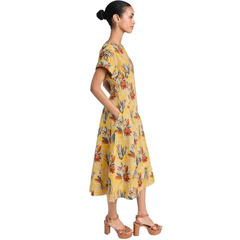 ULLA JOHNSON Devon Cotton Poplin Floral A-line Midi Dress with Pockets - Picture 5 of 12